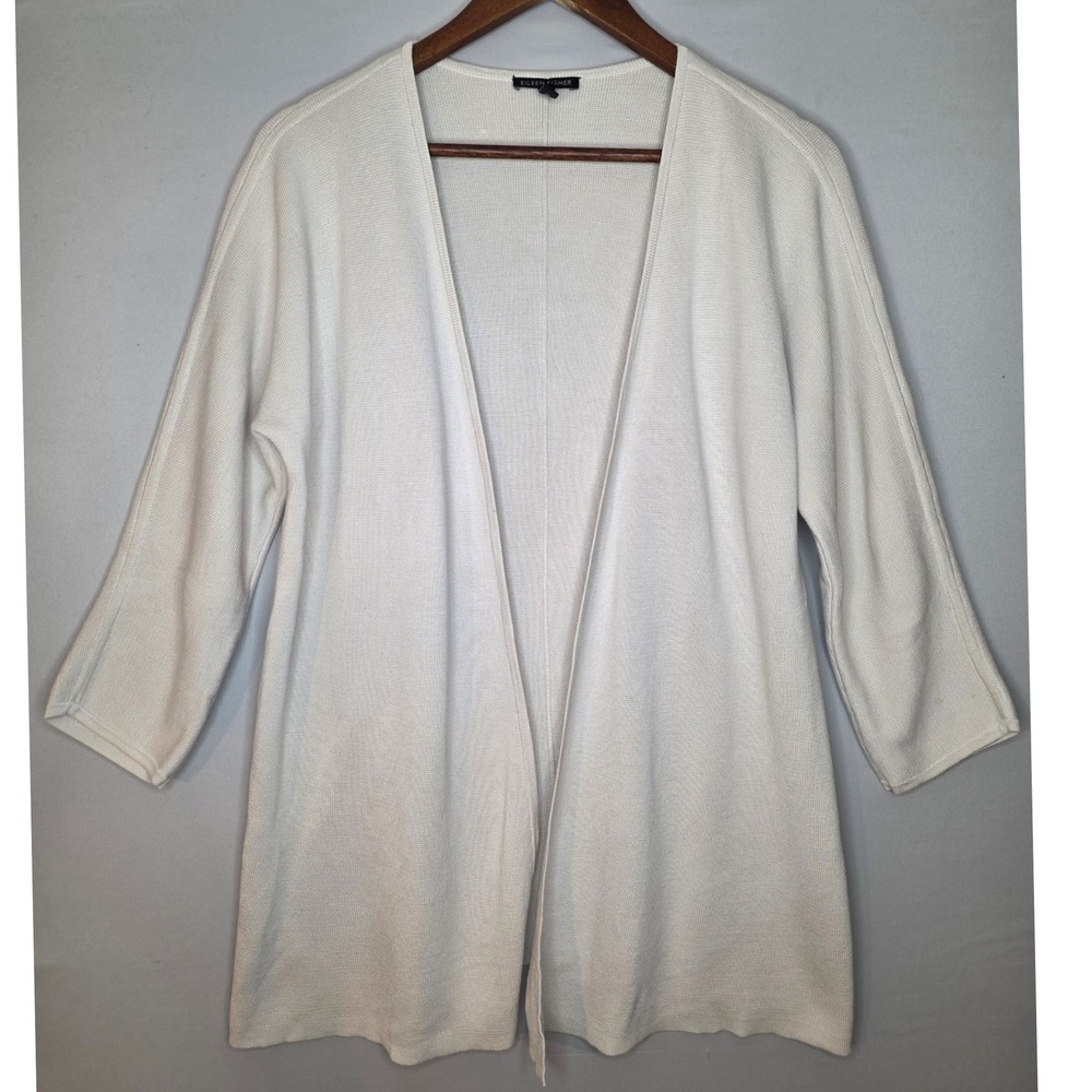 EILEEN FISHER 3/4 Sleeve Silk/Organic Cotton Beige Knit‎ Open Front Cardigan Med